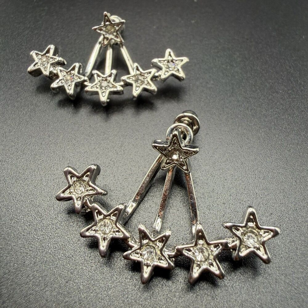 Silver Tone Five Star Ear Jacket Cluster Stud Earrings Celestial Jewelry Gift